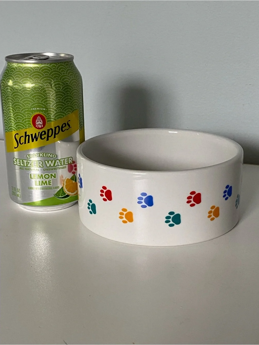 Spot Brand Dog Bowl White With Colorful Paw Prints Ceramic Pet 5” Cat Dish EUC